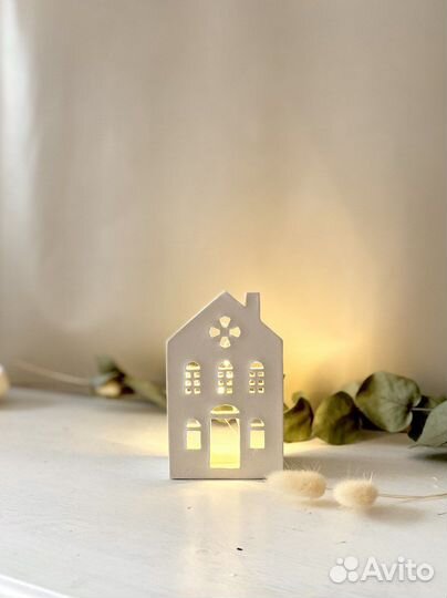 Новогодний Подсвечник Домик белый из гипса