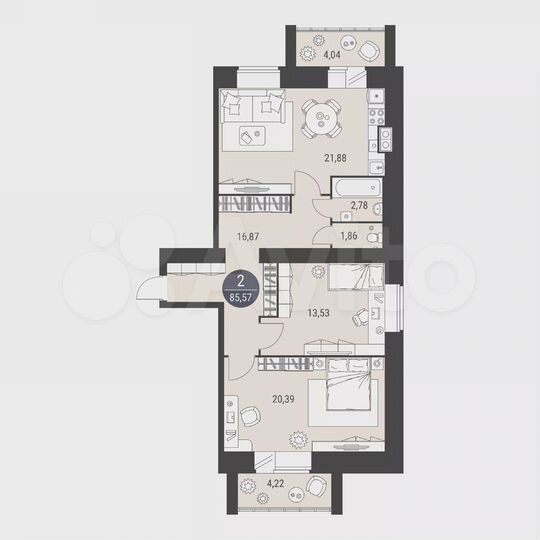 2-к. квартира, 85,6 м², 7/10 эт.