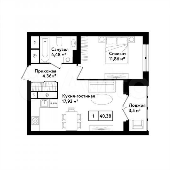 1-к. квартира, 40,4 м², 3/25 эт.