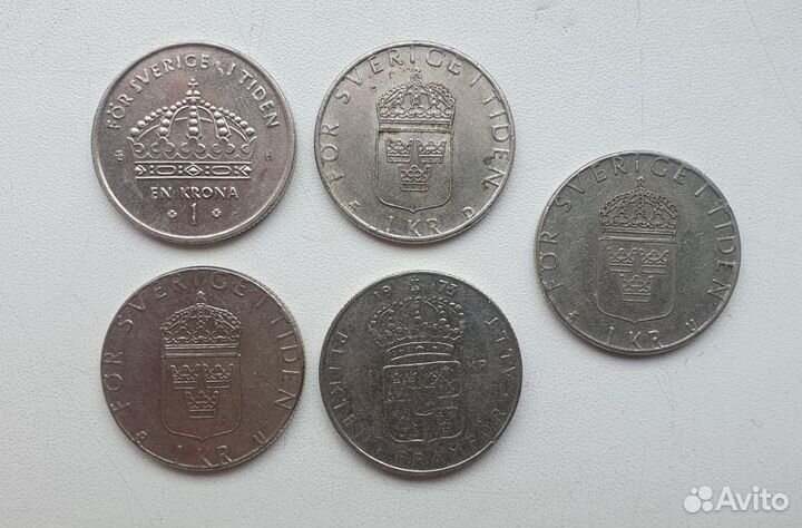 Набор из 5 монет 1 крона Швеция разных лет чеканки