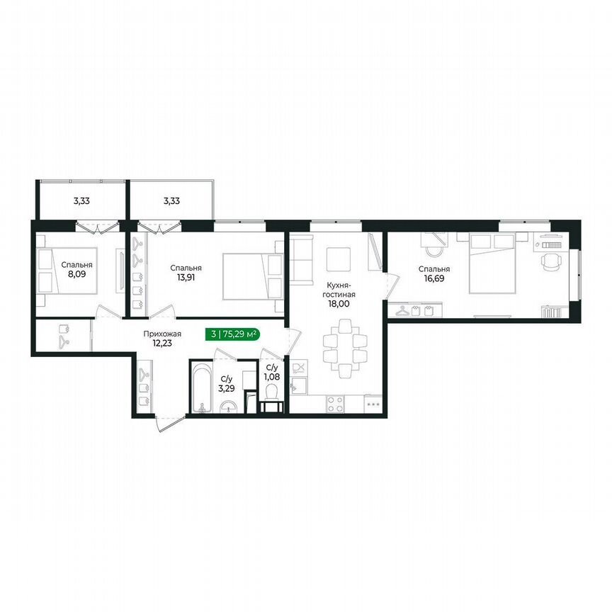 3-к. квартира, 75,3 м², 8/8 эт.