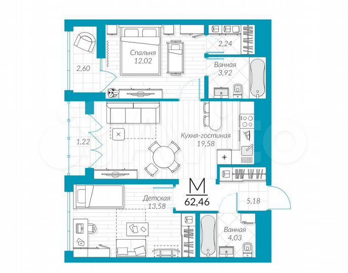 2-к. квартира, 62,5 м², 19/25 эт.