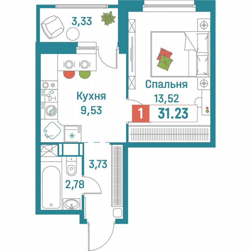 1-к. квартира, 31,2 м², 8/18 эт.