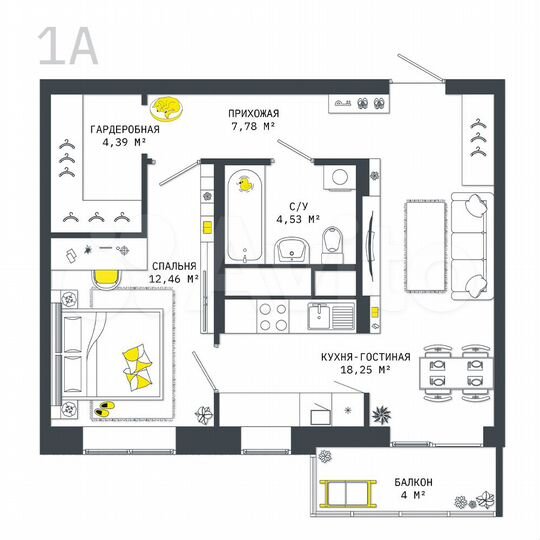 1-к. квартира, 51,4 м², 22/25 эт.