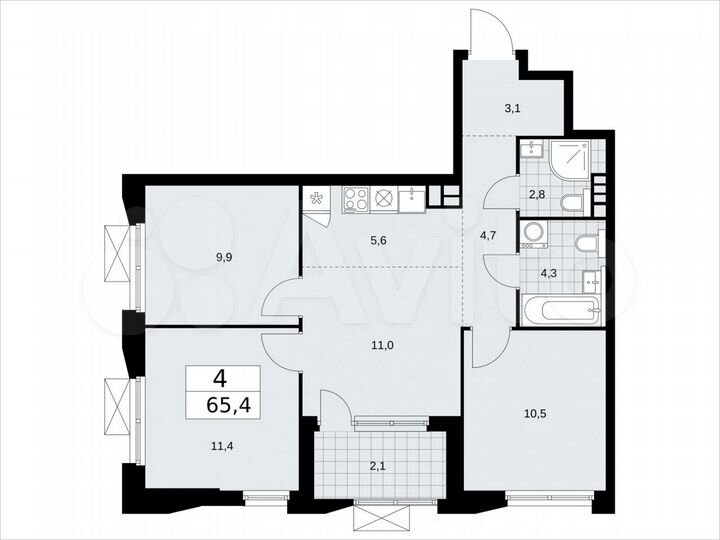 4-к. квартира, 65,4 м², 5/22 эт.