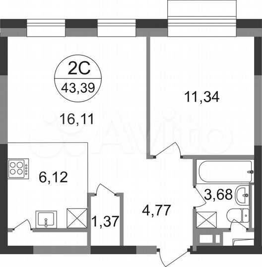 2-к. квартира, 43,4 м², 22/22 эт.