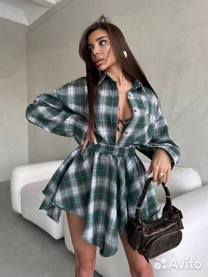 Комплект, юбка и рубашка в клетку, хит 2025