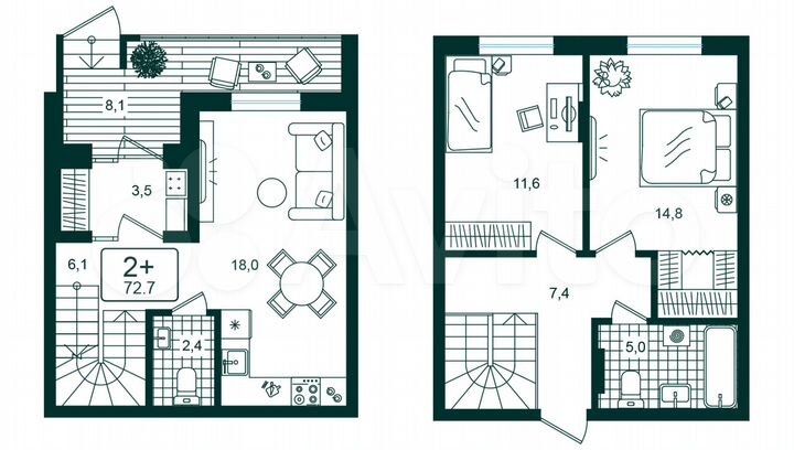 2-к. квартира, 72,8 м², 1/8 эт.