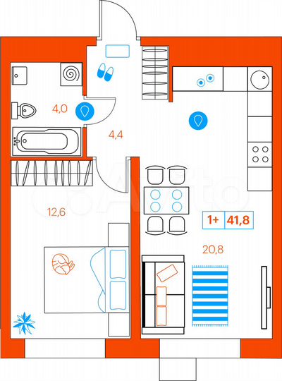1-к. квартира, 41,8 м², 5/21 эт.