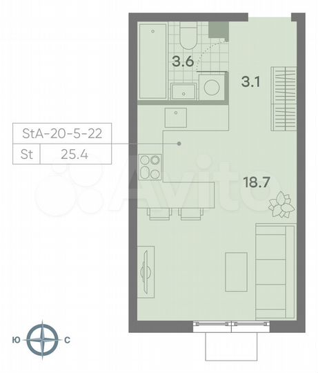 Квартира-студия, 25,4 м², 21/23 эт.