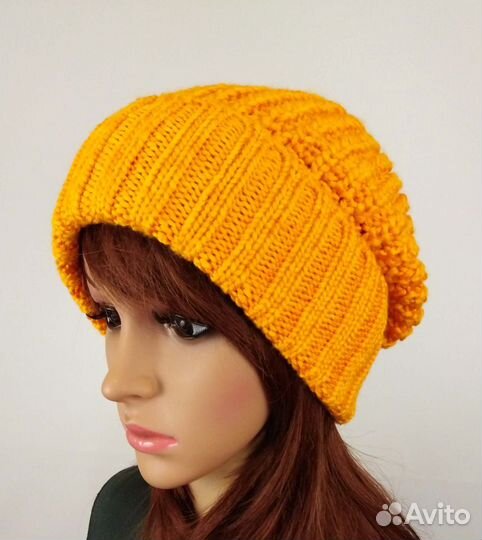 Вязаная шапка бини, шапка с отворотом