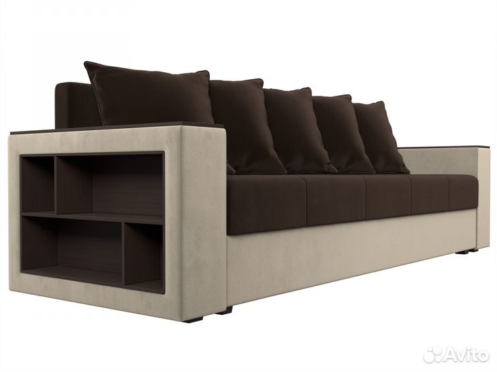 Диван прямой Дубай Лайт полки слева, микровельвет, коричневый, бежевый