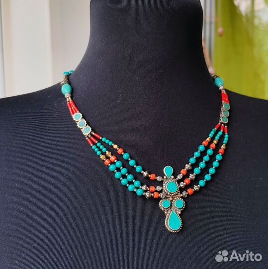 Ожерелье серебро янтарь бирюза Бохо