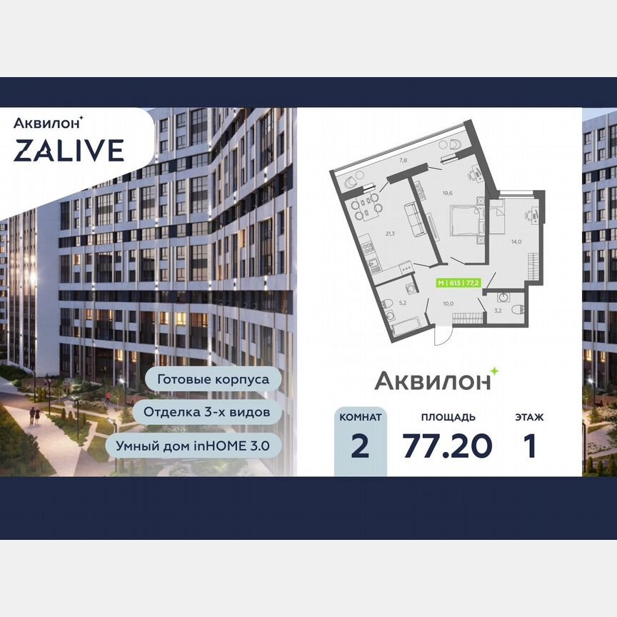 2-к. квартира, 77,2 м², 1/13 эт.