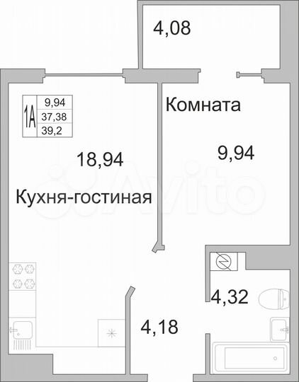 1-к. квартира, 39 м², 4/9 эт.
