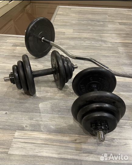 Набор 2 гантели по 19кг + гриф EZ штанга 35кг
