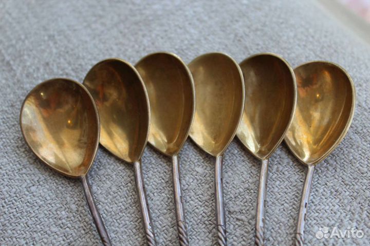 Ложки чайные серебро 875пр. Витые, позолота