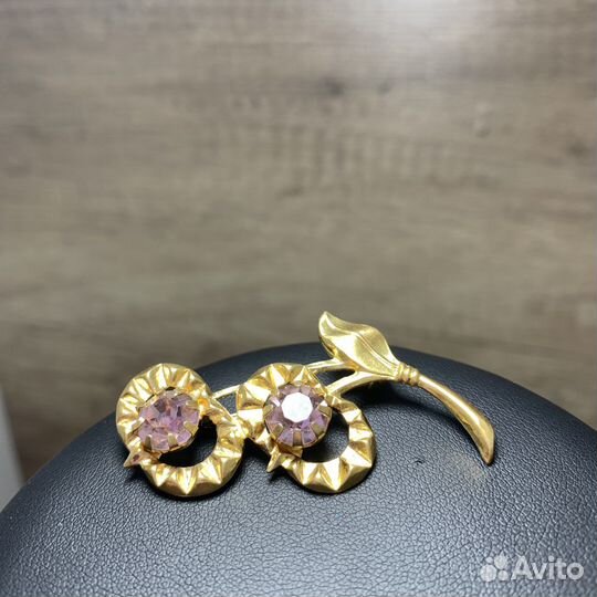 Винтажная Брошь Цветок Розовые Камни Стёкла Ретро