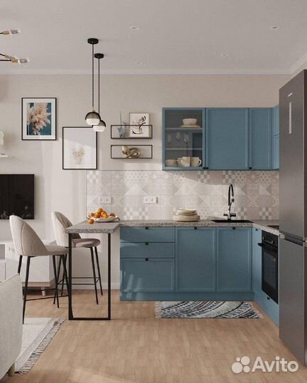 Кухня в голубом цвете с барной стойкой