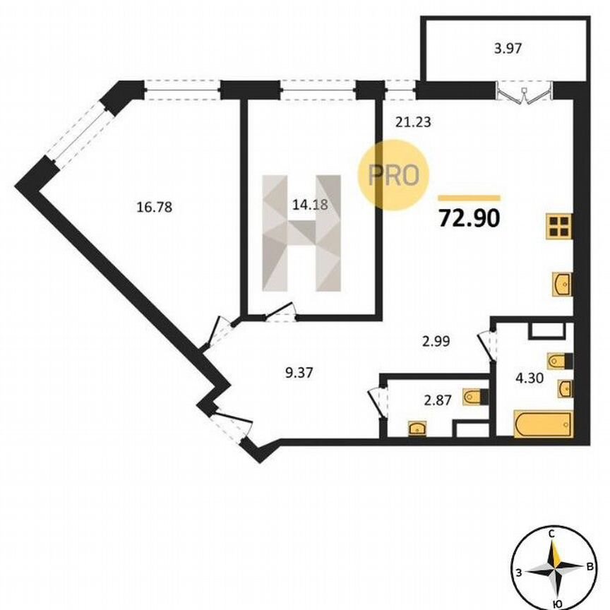 2-к. квартира, 72,9 м², 3/5 эт.