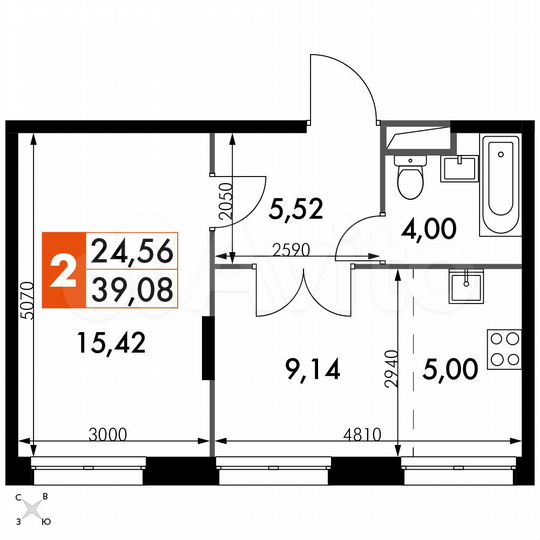 2-к. апартаменты, 39,1 м², 13/15 эт.