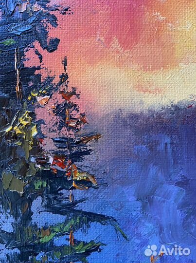 Картина маслом Закат, горы, ели 50х40 см холст на