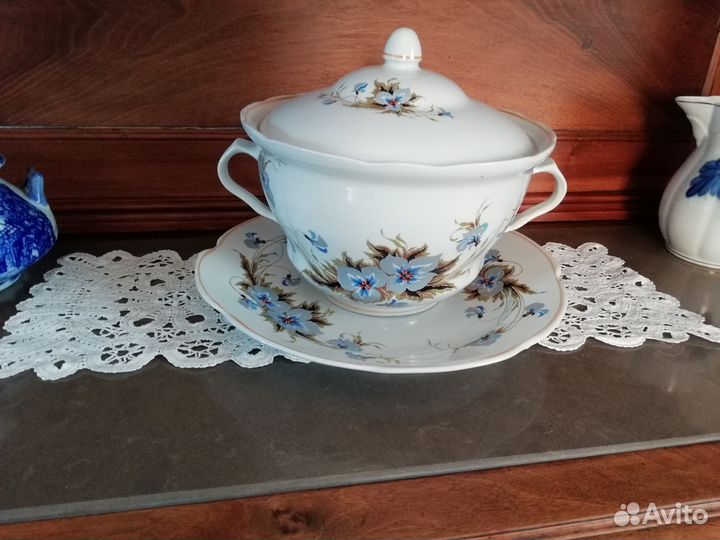 Винтажная супница с блюдом из СССР Незабудки