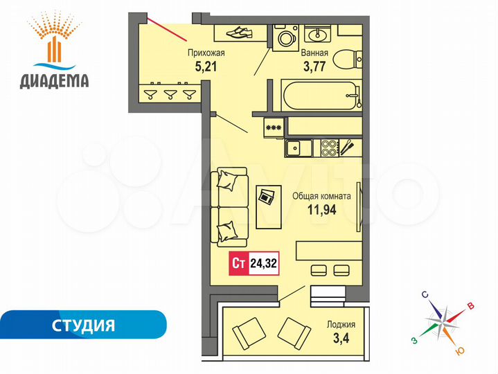 Квартира-студия, 24,3 м², 13/22 эт.