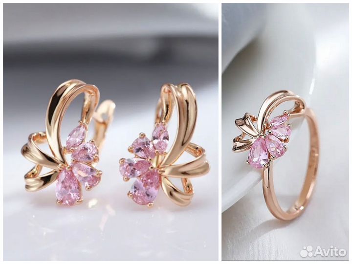 Золотой комплект серьги и кольцо покрытие 585RG