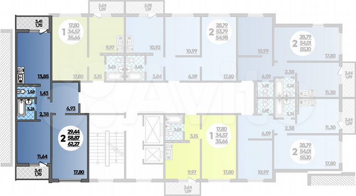 2-к. квартира, 62,3 м², 7/16 эт.