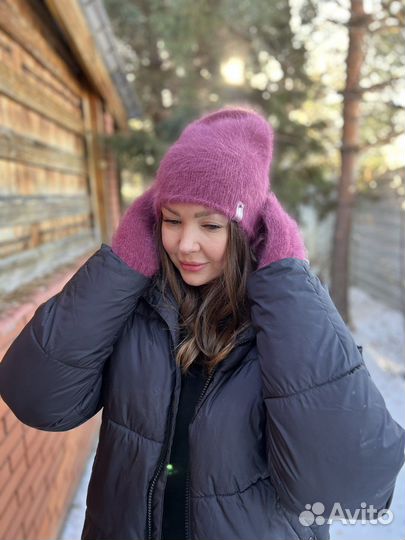 Шапка и варежки ангора ручная работа