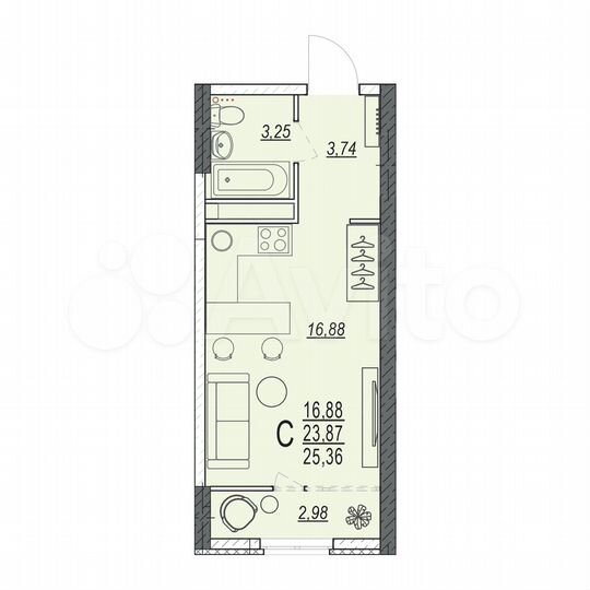 Квартира-студия, 25,4 м², 13/17 эт.