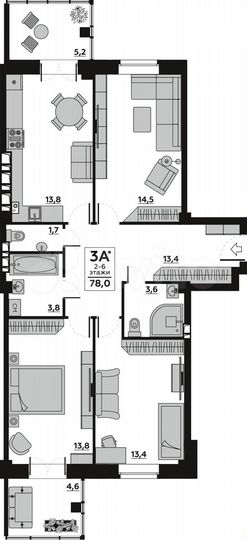3-к. квартира, 78 м², 6/6 эт.