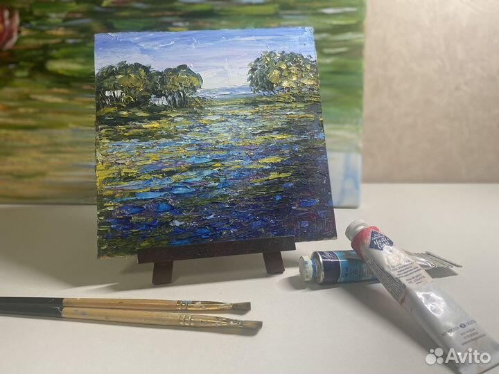 Картина маслом пейзаж цветы 19,5*19,5 см