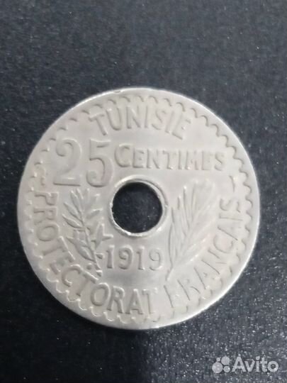 Тунис 25 сантимов 1919г
