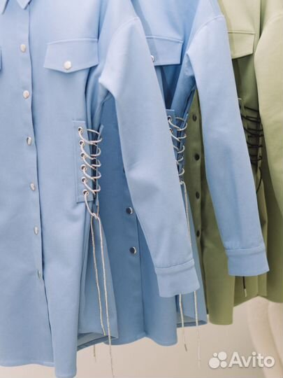 Платье джинсовое со шнуровкой голубое/зеленое