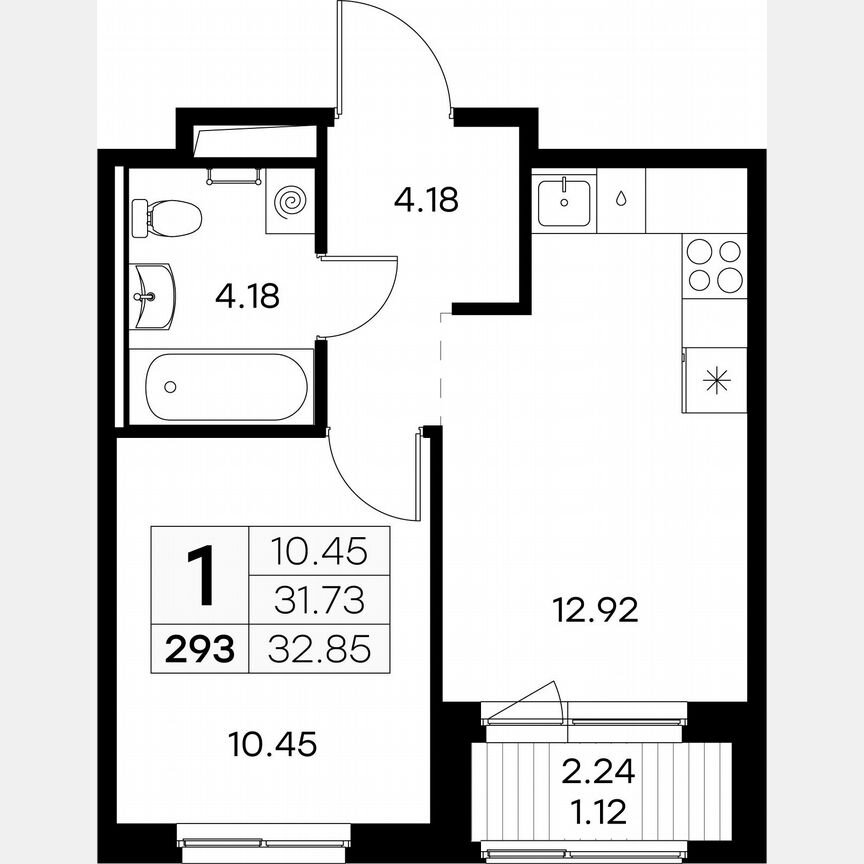 1-к. квартира, 32,9 м², 2/9 эт.