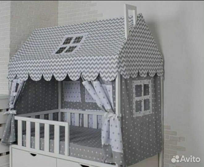 Текстильная крыша и шторки на кровать домик