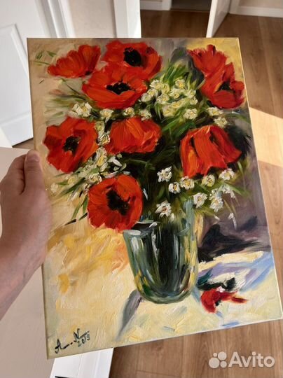 Картина маслом яркие красные цветы маки на холсте