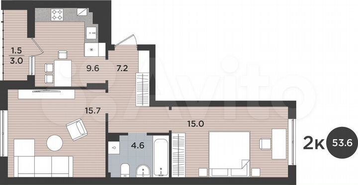 2-к. квартира, 53,6 м², 9/9 эт.
