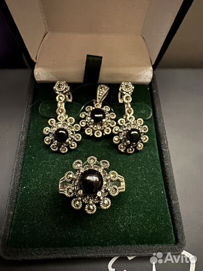 Серебряный комплект кольцо и серьги кулон