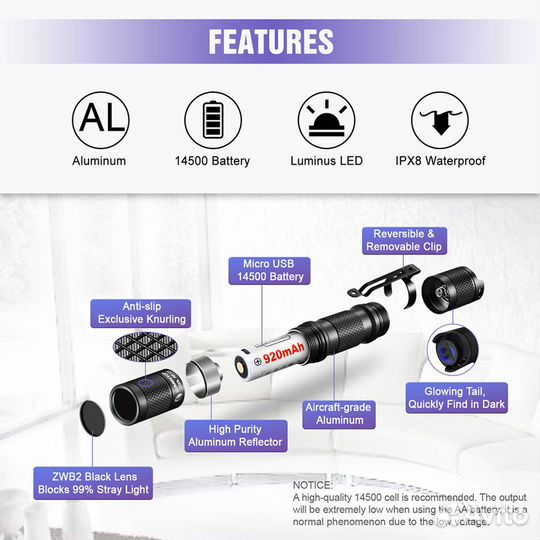 Фонарик ультрафиолетовый Lumintop Tool AA UV 14500