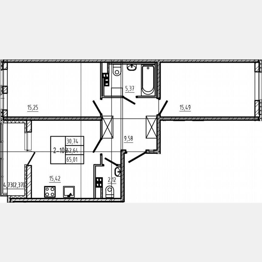 2-к. квартира, 62,6 м², 4/4 эт.
