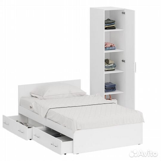 Кровать белая односпальная с ящиками 1200 с пеналом Стандарт, цвет белый, спальное место 1200х2000 м