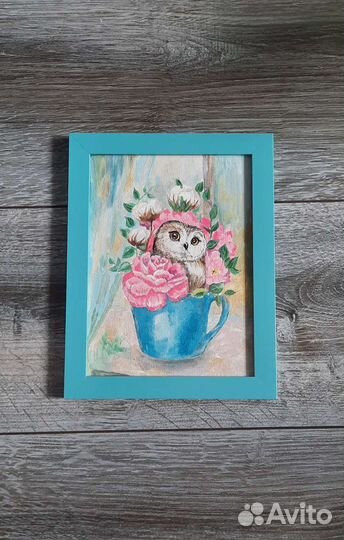 Картина интерьерная, акрил, сова 15х20 в рамке