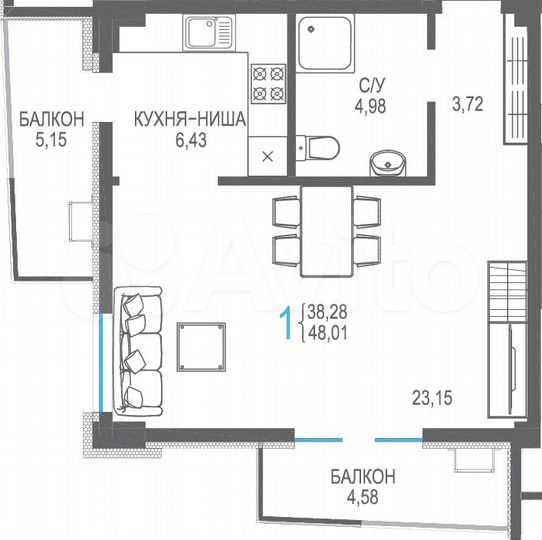 1-к. апартаменты, 48 м², 4/8 эт.