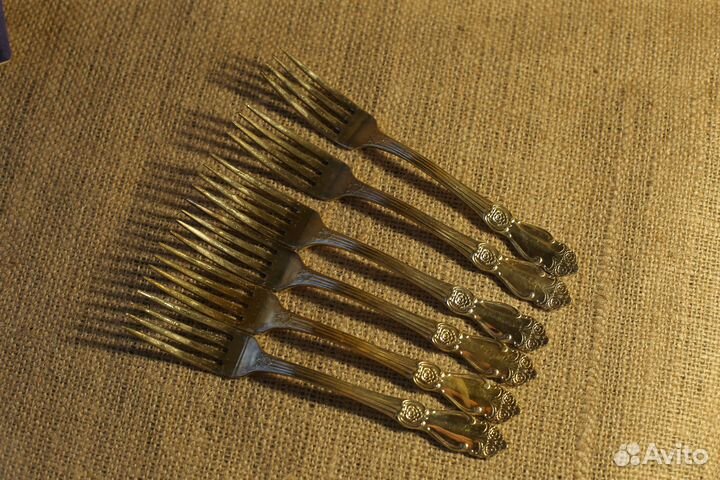 Набор Ложки Вилки Мельхиор Роза Золочение мнц