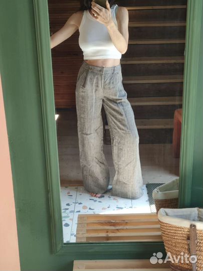 Брюки палаццо лен серый меланж 40-42