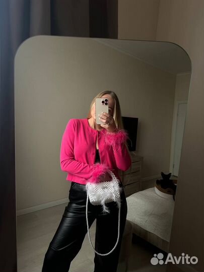 Кардиган укороченный розовый с перьями 42-44