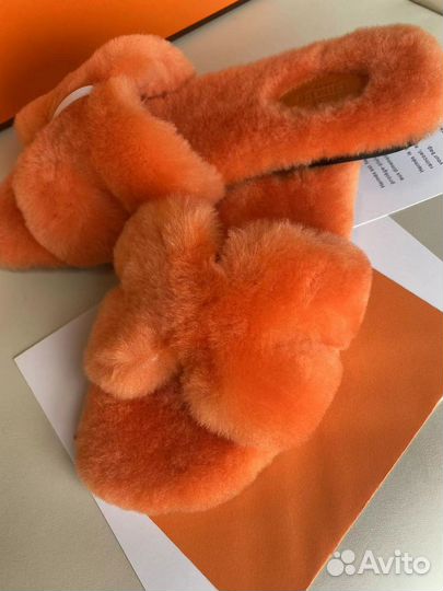 Шлепки женские Hermes с мехом